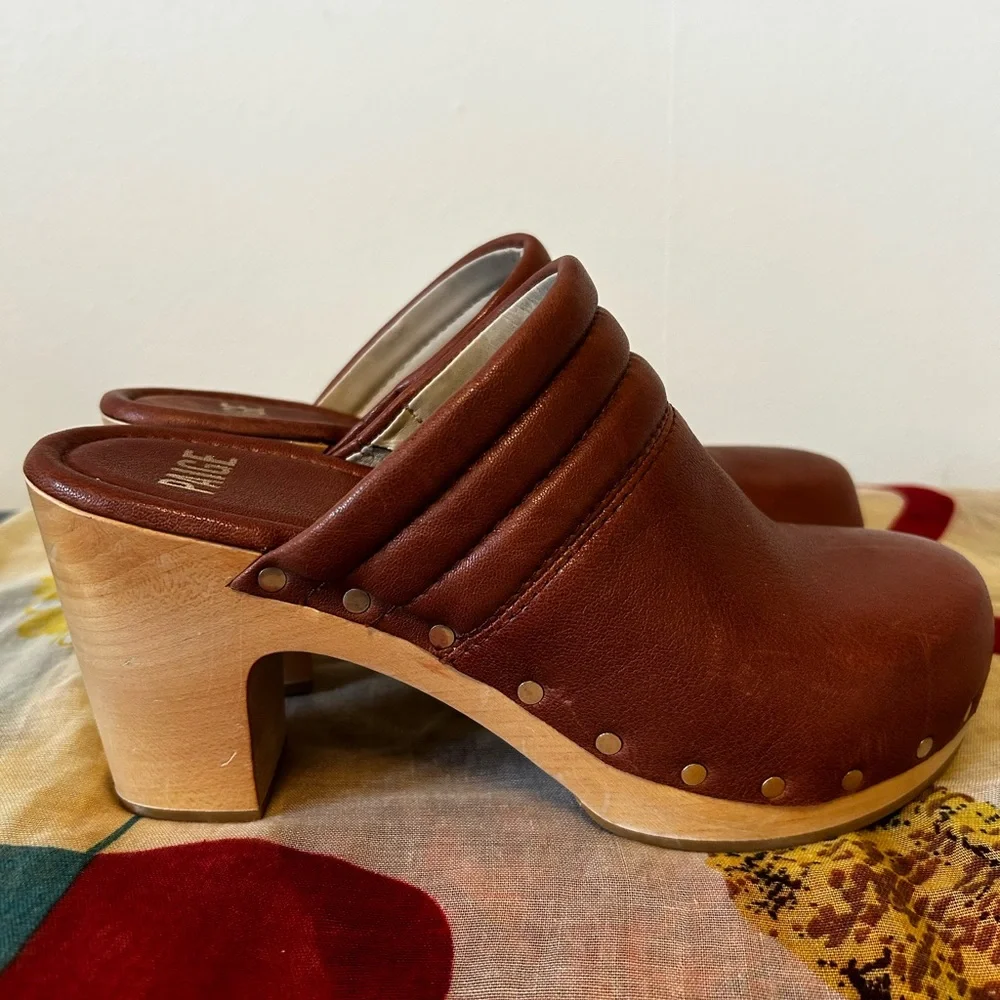 PAIGE Robbie- Whiskey Brown Leather Studded Clog Wooden Heel 7.5 - Picture 2 of 8